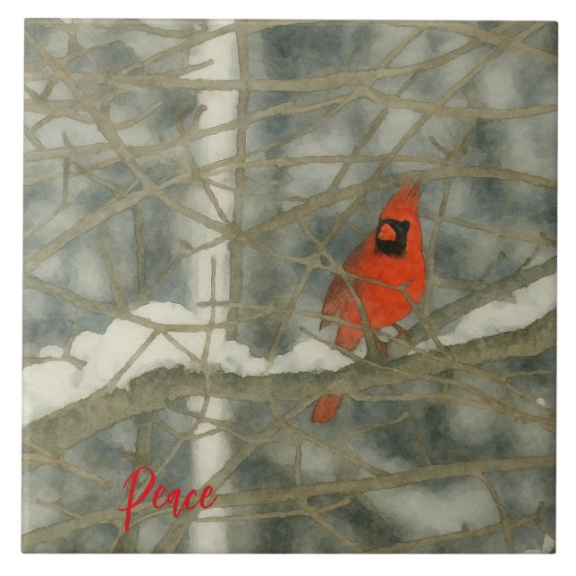 Winter Watercolor Cardinal Ceramic Tile (Front)