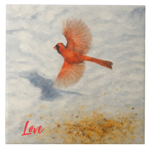Winter Watercolor Cardinal in Flight Ceramic Tile