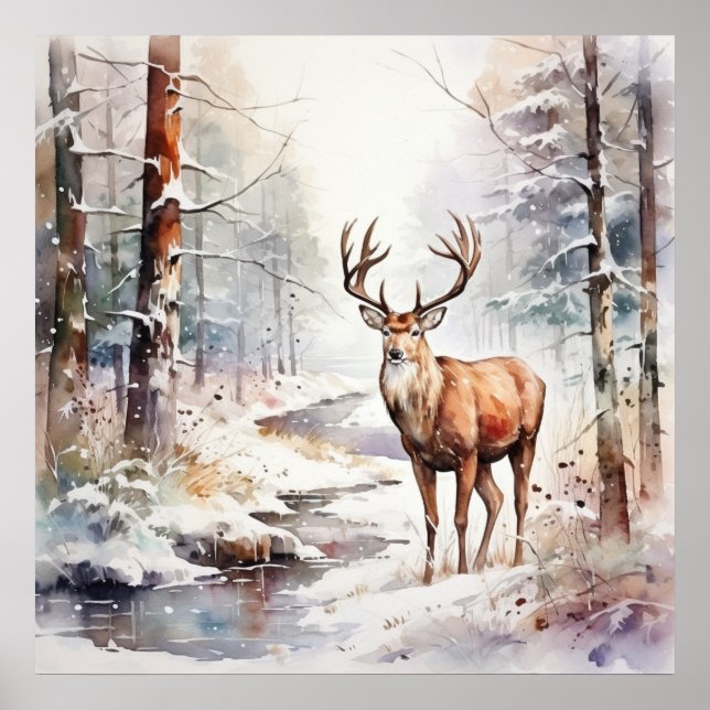 Winter Watercolor Deer Poster (Front)