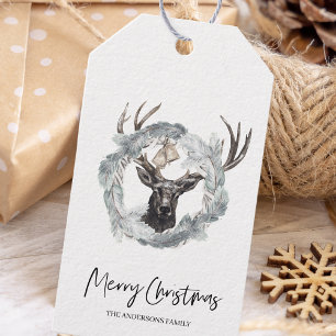 Winter Watercolor Deer Wreath Christmas Gift Tags