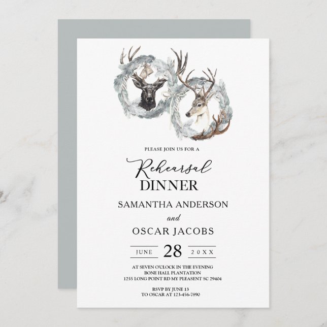 Winter Watercolor Deer Wreath Silver Invitation (Front/Back)