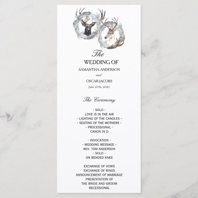 Winter Watercolor Deer Wreath Silver Menu (Front)