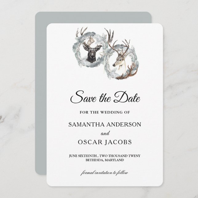 Winter Watercolor Deer Wreath Silver Save The Date (Front/Back)