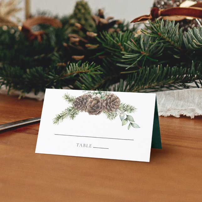 Winter Watercolor Evergreen Pine Cone Wedding Place Card (Creator Uploaded)