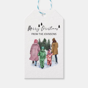 Winter Watercolor Family of 4 Merry Christmas Gift Tags