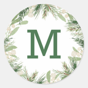 Winter Watercolor Floral Monogram Classic Round Sticker
