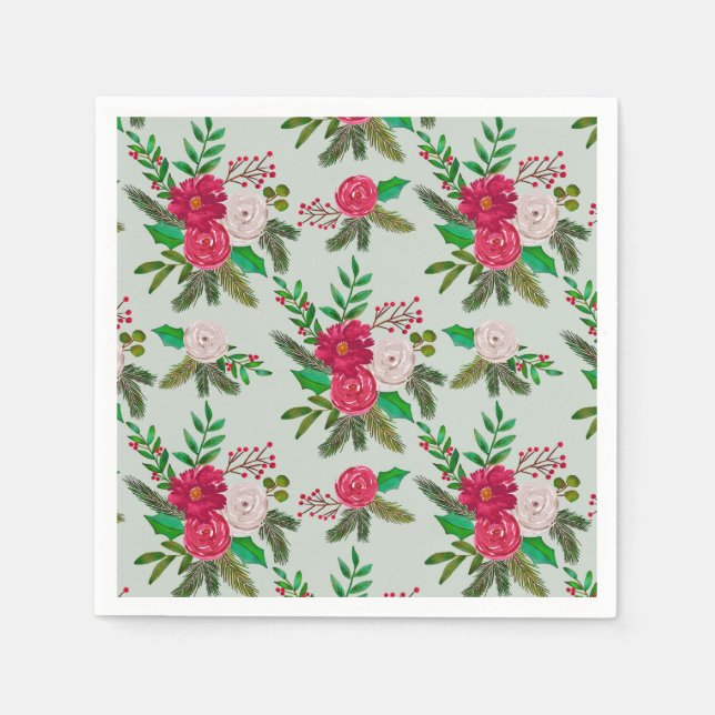 Winter Watercolor Floral Pattern on Light Green Napkin (Front)