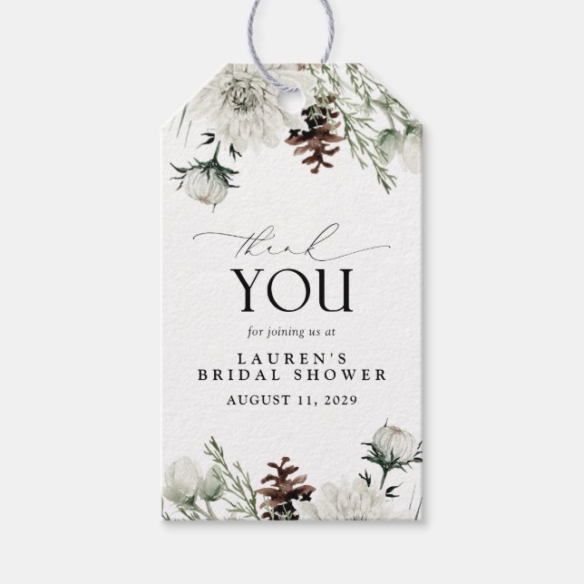 Winter Watercolor Floral Thank You Bridal Shower Gift Tags (Front)