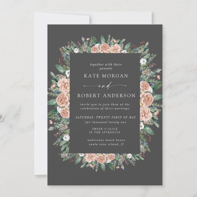 winter watercolor floral wedding invitation (Front)