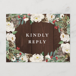 Winter watercolor floral wedding RSVP Postcard