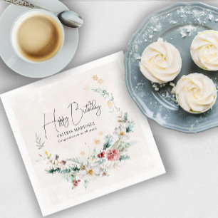 Winter Watercolor Flower Snowflake 50th Birthday Napkin