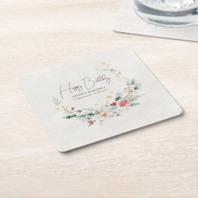 Winter Watercolor Flower Snowflake 70th Birthday Square Paper Coaster (Angled)