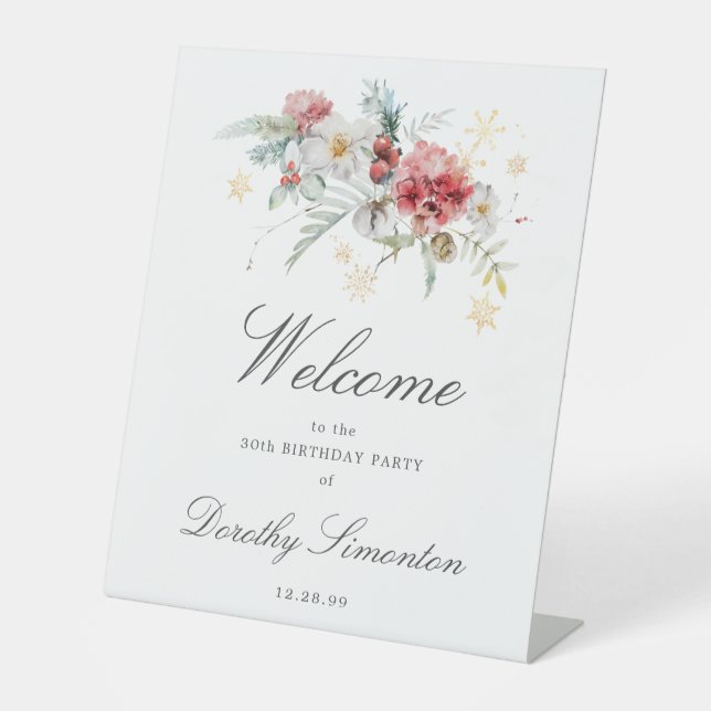 Winter Watercolor Flowers 30th Birthday Welcome Pedestal Sign (Front)