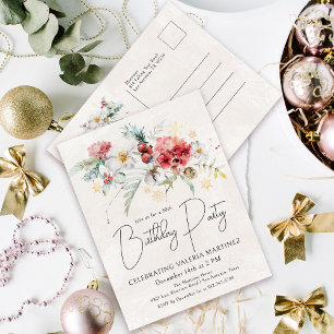 Winter Watercolor Flowers 50th Birthday Party Invitation Postcard