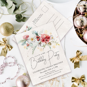 Winter Watercolor Flowers 80th Birthday Party Invitation Postcard