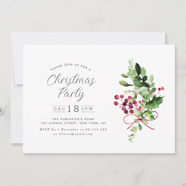 winter watercolor foliage christmas party invitation (Front)