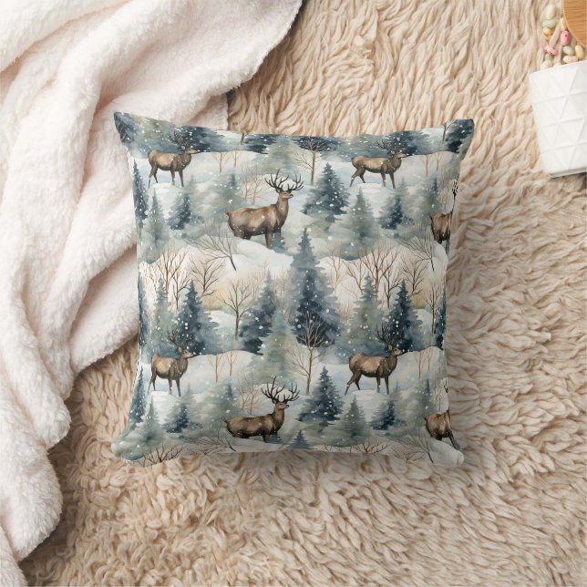 Winter Watercolor Forest Deer (1) Cushion (Blanket)