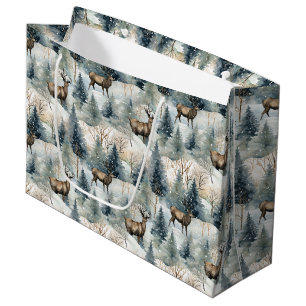 Winter Watercolor Forest Deer (1) Large Gift Bag