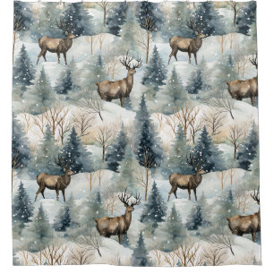 Winter Watercolor Forest Deer (1) Shower Curtain