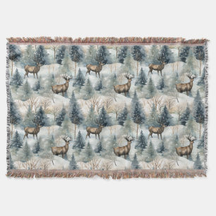 Winter Watercolor Forest Deer (1) Throw Blanket