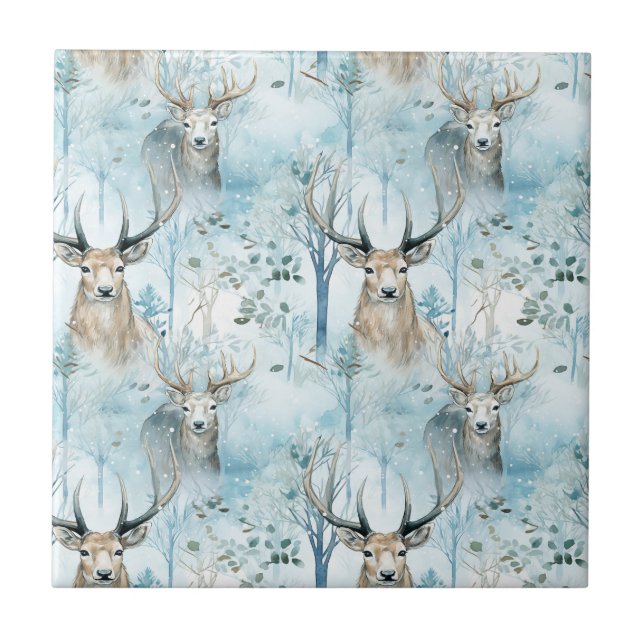Winter Watercolor Forest Deer (2) Ceramic Tile (Front)