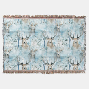 Winter Watercolor Forest Deer (2) Throw Blanket
