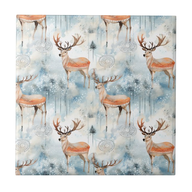 Winter Watercolor Forest Deer (3) Ceramic Tile (Front)