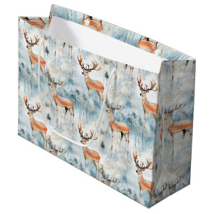 Winter Watercolor Forest Deer (3) Large Gift Bag