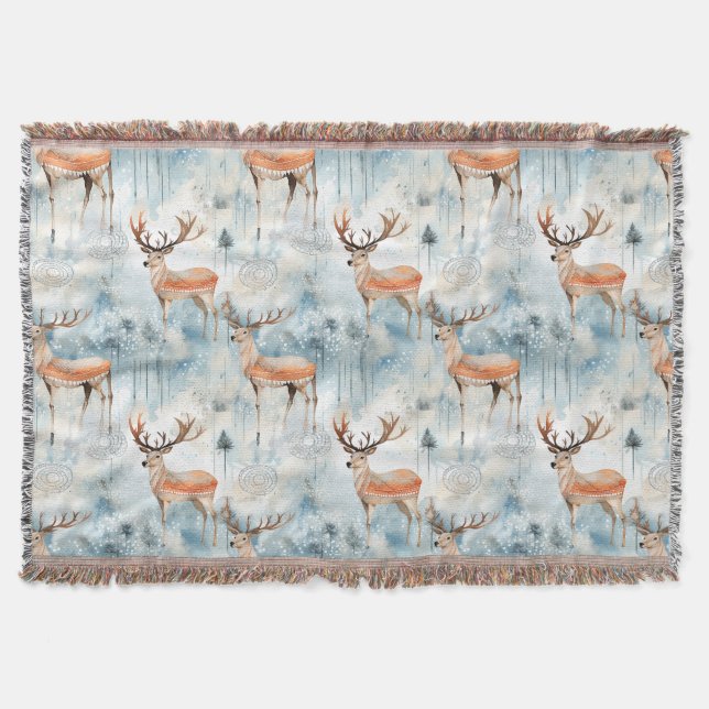 Winter Watercolor Forest Deer (3) Throw Blanket (Front)