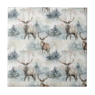Winter Watercolor Forest Deer (4) Ceramic Tile