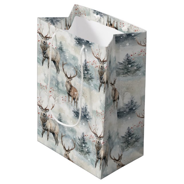 Winter Watercolor Forest Deer (4) Medium Gift Bag (Front Angled)