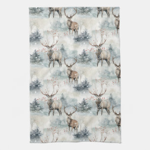 Winter Watercolor Forest Deer (4) Tea Towel