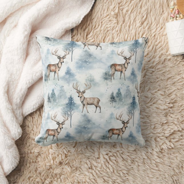 Winter Watercolor Forest Deer (5) Cushion (Blanket)