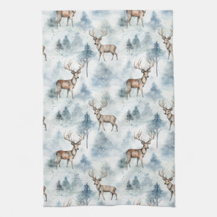Winter Watercolor Forest Deer (5) Tea Towel