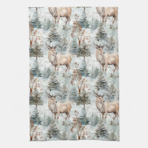Winter Watercolor Forest Deer (6) Tea Towel