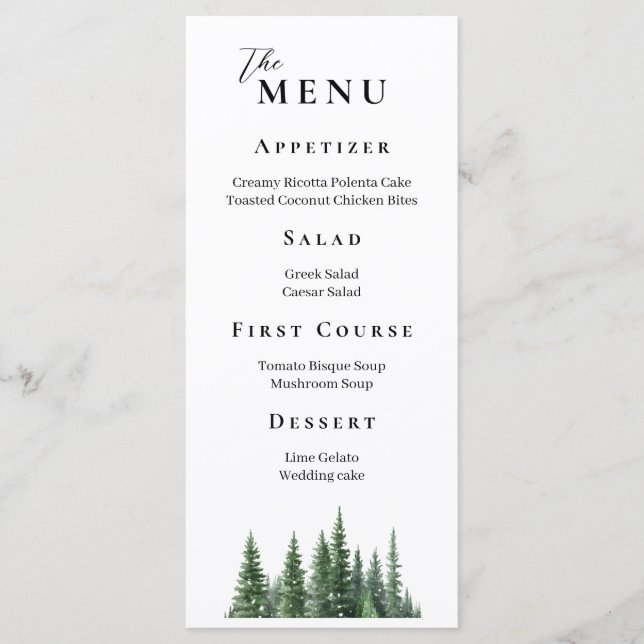 Winter Watercolor Forest Elegant Wedding Menu (Front)