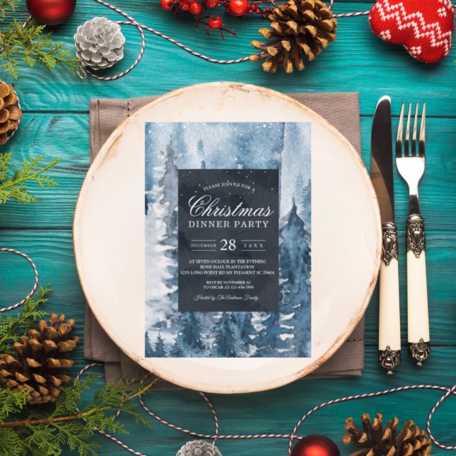 Winter Watercolor Forest & Navy Blue & White Invit Invitation (Creator Uploaded)