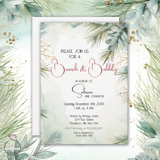 Winter Watercolor Greenery Brunch and Bubbly  Invitation (Creator Uploaded)