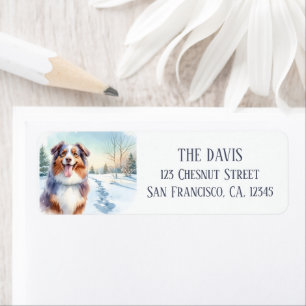 Winter Watercolor Happy Australian Shepherd -  Return Address Label