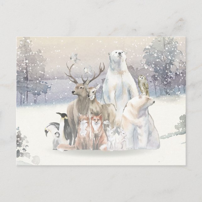 Winter Watercolor Holiday Creatures Postcard (Front)