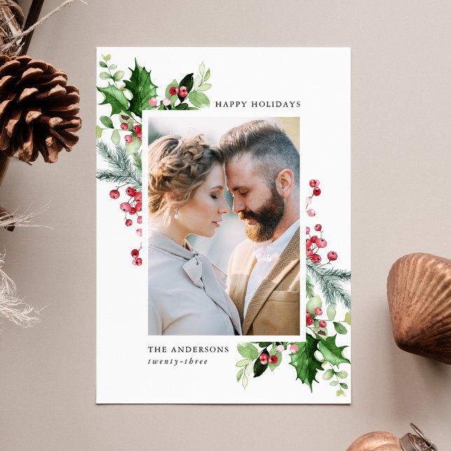 Winter Watercolor Holly Berries & Greenery Photo Holiday Card (Creator Uploaded)