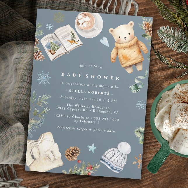 Winter Watercolor Modern Neutral Blue Baby Shower Invitation (Creator Uploaded)
