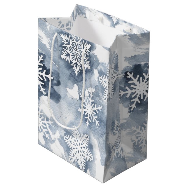 Winter Watercolor Navy White Snowflake  Medium Gift Bag (Front Angled)
