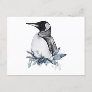Winter watercolor of a penguin with flowers postcard