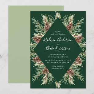 Winter Watercolor Pine Cone Frame Green Wedding Invitation