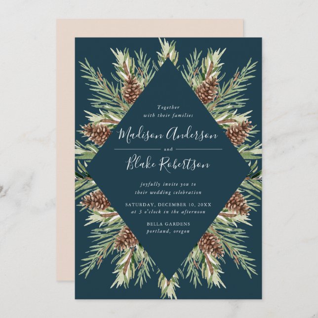 Winter Watercolor Pine Cone Frame Navy Wedding Invitation (Front/Back)