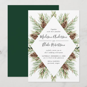 Winter Watercolor Pine Cone Frame Wedding Invitation