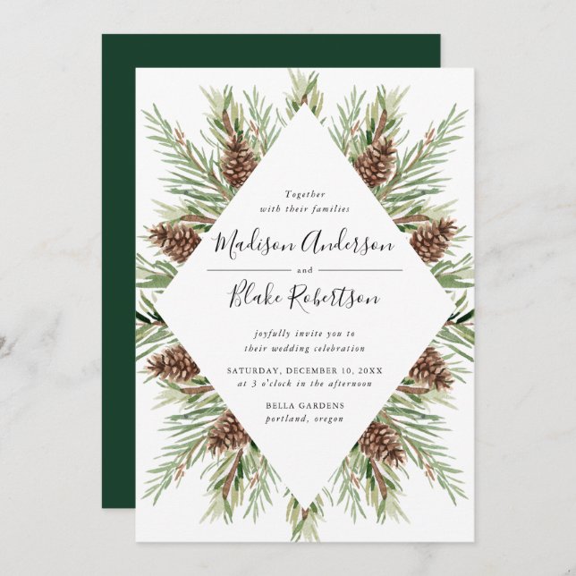 Winter Watercolor Pine Cone Frame Wedding Invitation (Front/Back)