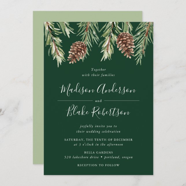 Winter Watercolor Pine Cone Green Wedding Invitation (Front/Back)
