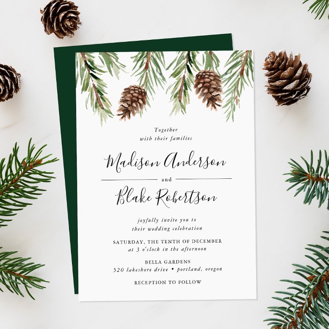 Winter Watercolor Pine Cone Wedding Invitation (Creator Uploaded)